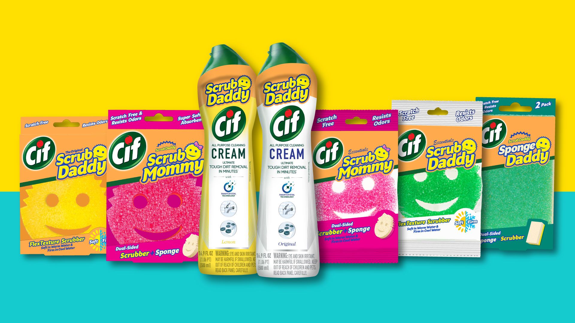 A selection of Cif Cream products together with Scrub Daddy sponges and scouring pads