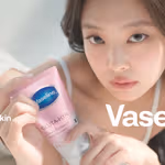 A person holds a pink tube of Vaseline Gluta‑Hya Dewy Radiance serum lotion close to the camera while looking forward, with soft lighting and a neutral background; on‑screen text reads “crystal clear skin” and “Vaseline”.
