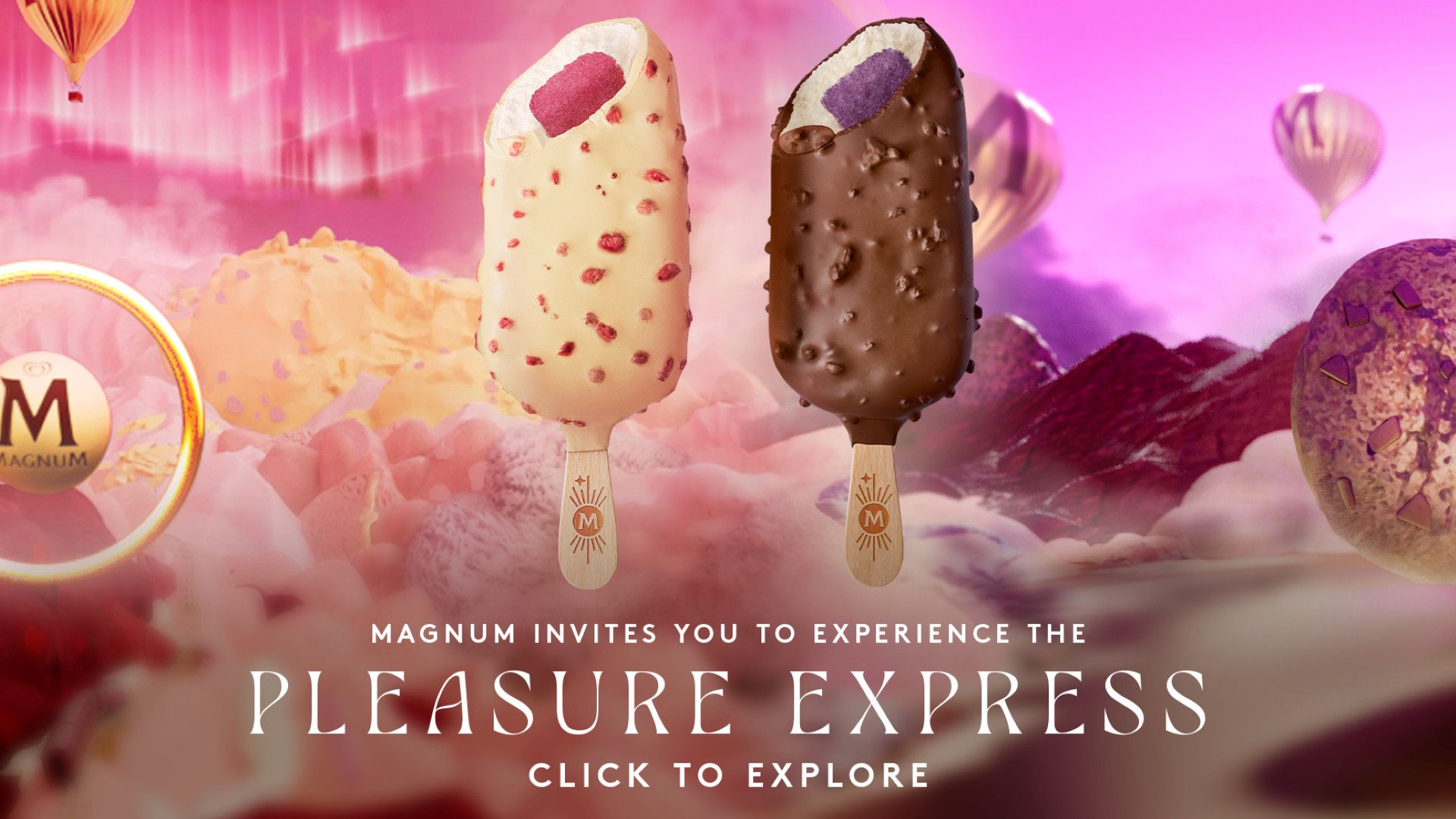 Two Magnum ice creams against a pink backdrop of mountains and hot air balloons.