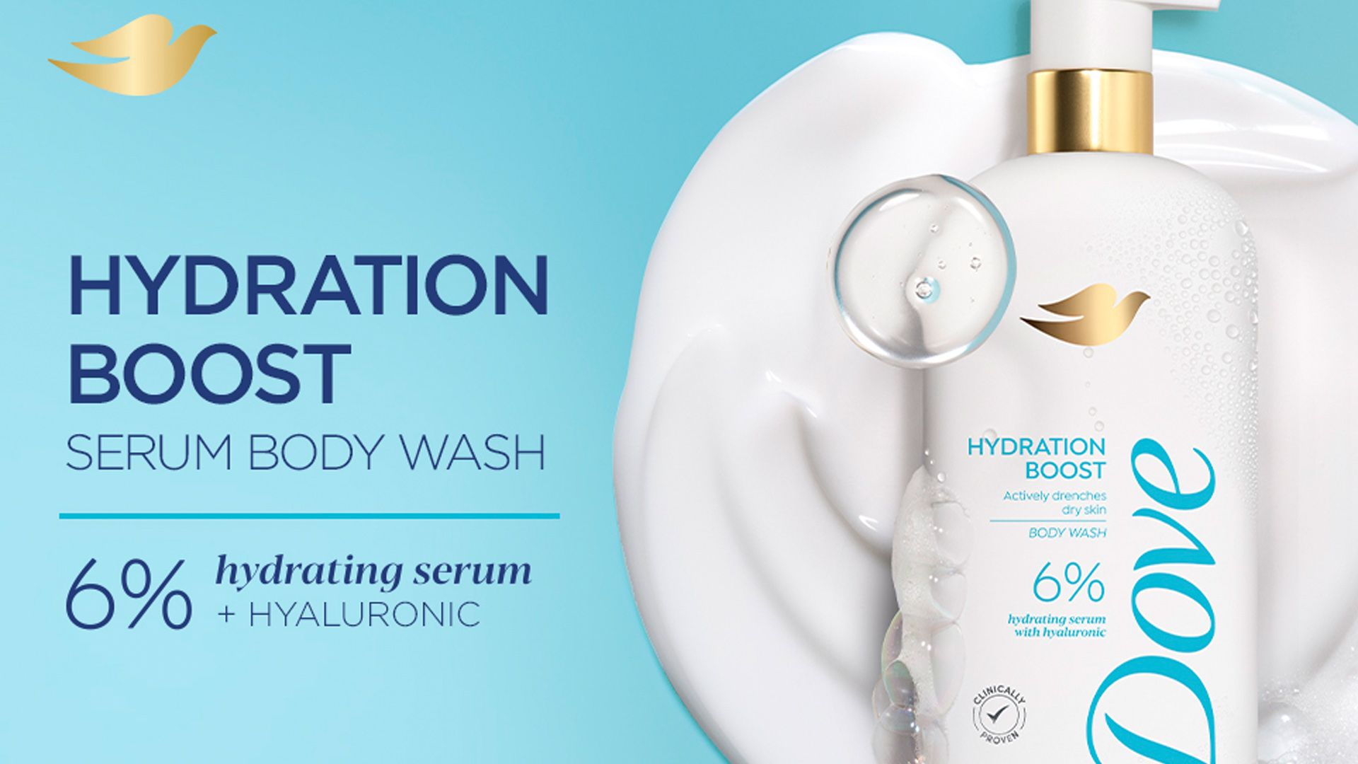 Advertising image showing Dove Hydration Boost serum body wash.