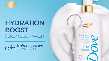 Advertising image showing Dove Hydration Boost serum body wash.