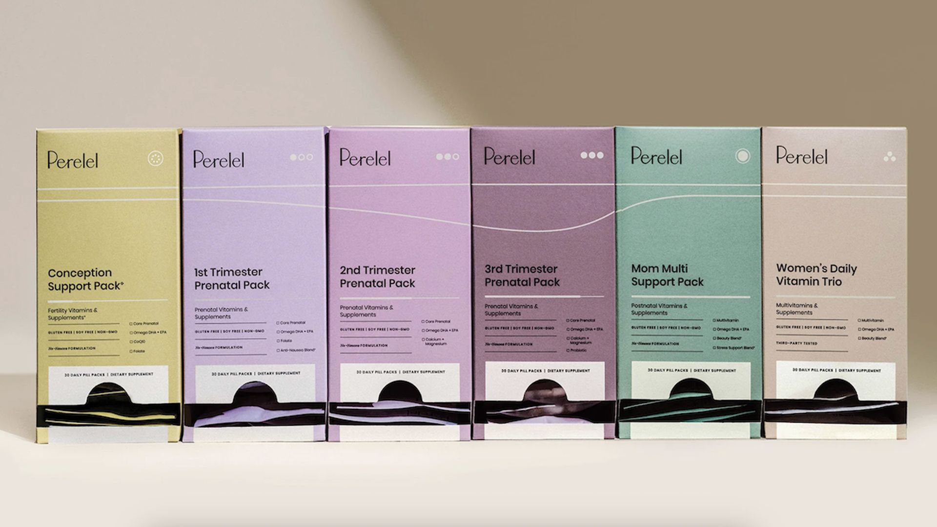 A row of six boxes of Perelel in different coloured packaging.