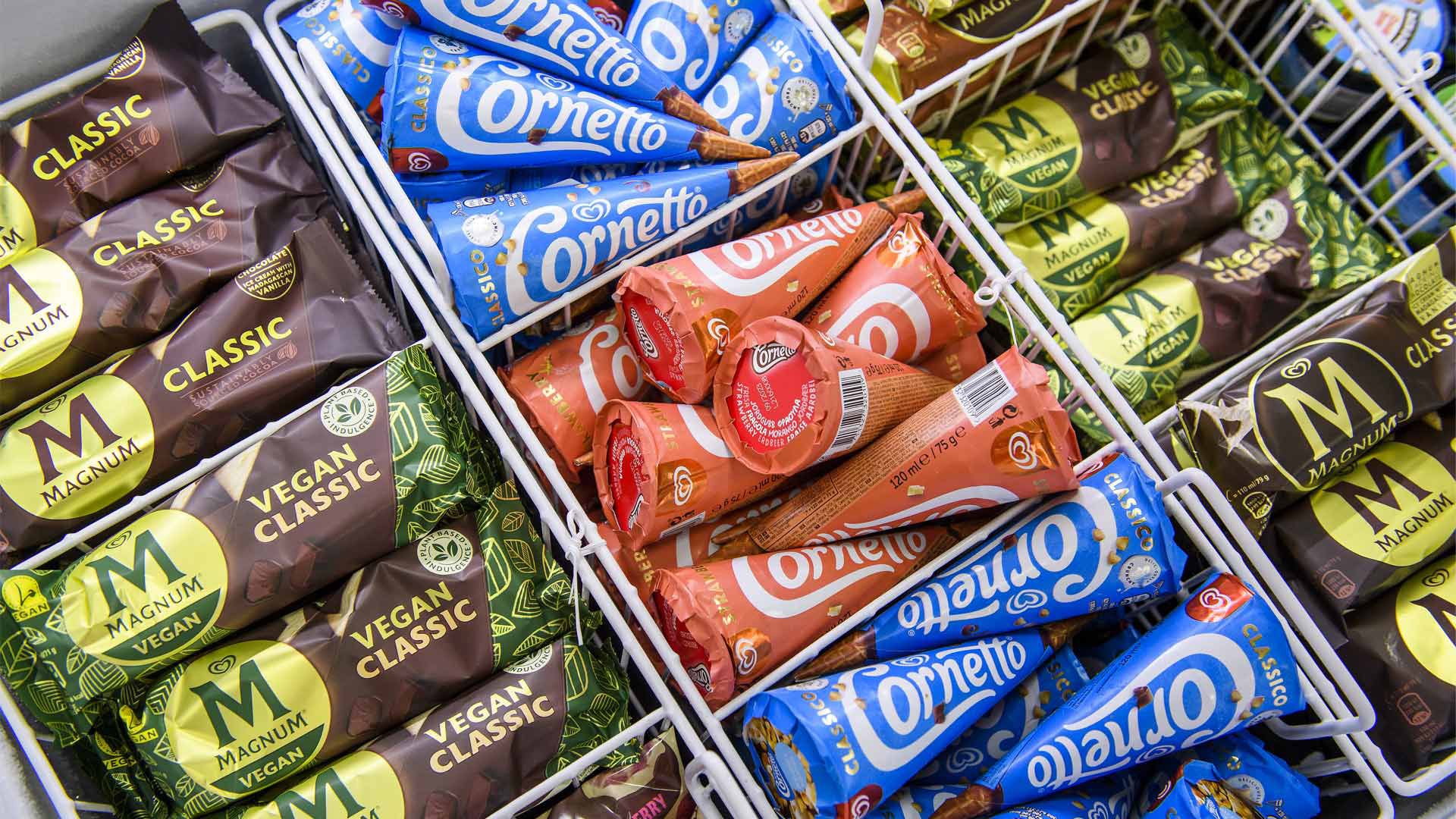 A selection of Magnum, Cornetto and Ben & Jerry’s in a freezer cabinet.