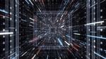 Colourful futuristic animation of sci-fi endless tunnel on black background.