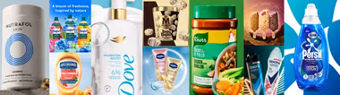 A collage of Unilever brands - Nutrafol, Comfort, Hellmann's, Dove, Magnum Bon Bons, Vaseline, Knorr, Magnum ice creams, Rexona deodorants, Persil Wonder Wash