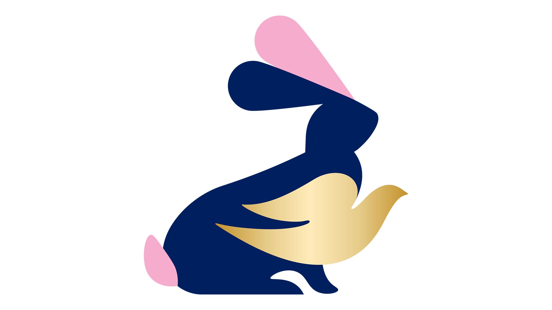 Blue and pink PETA rabbit illustration with a gold Dove logo layered on top.