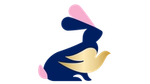 Blue and pink PETA rabbit illustration with a gold Dove logo layered on top.