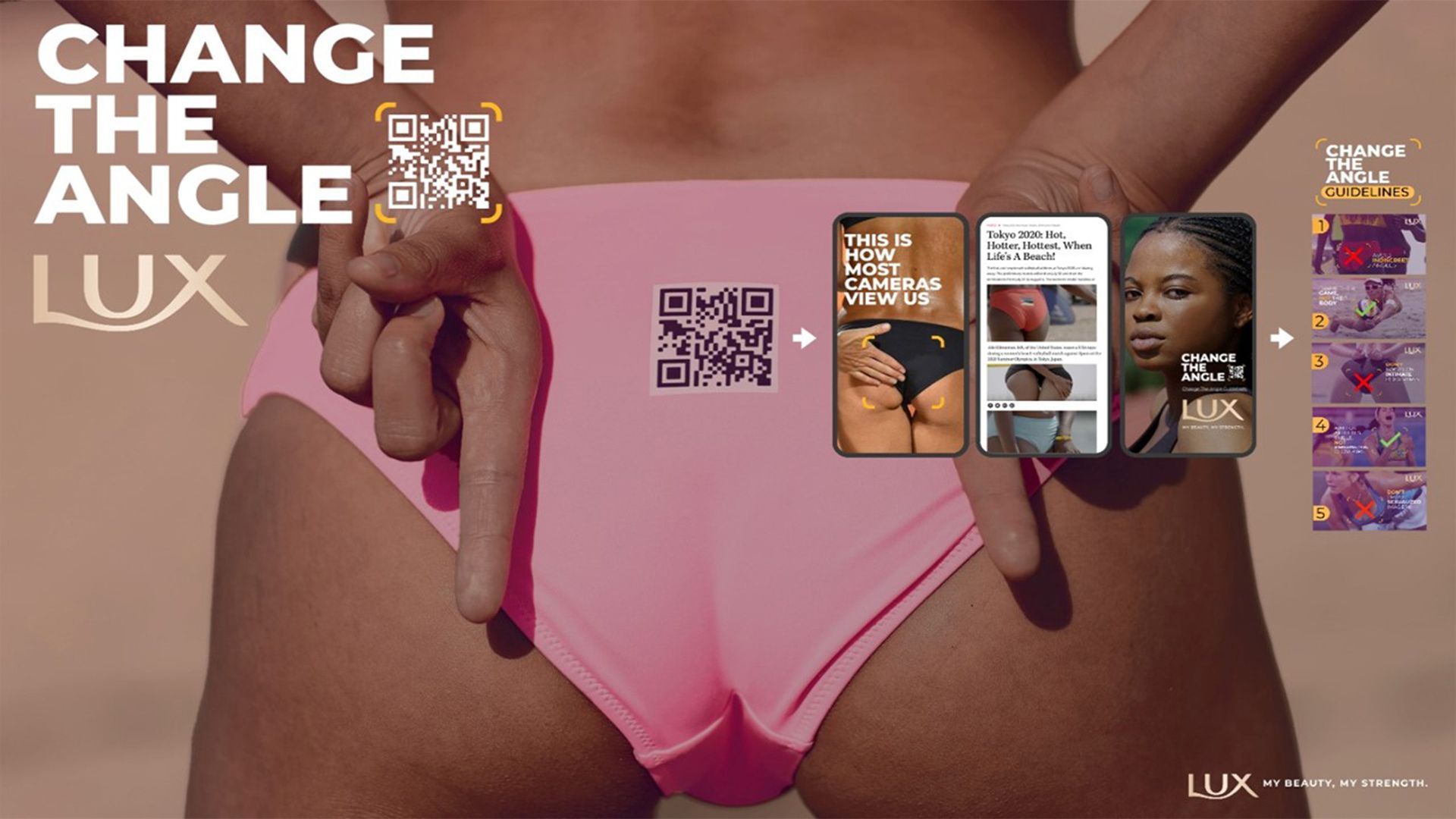 The LUX ‘Change The Angle’ campaign showing several examples of images which objectify women’s bodies, alongside some good and bad examples. The background to the overall image is a swimwear shot with the model’s hands behind their back and their index fingers pointing down. There is also a QR code imprinted on the swimwear.
