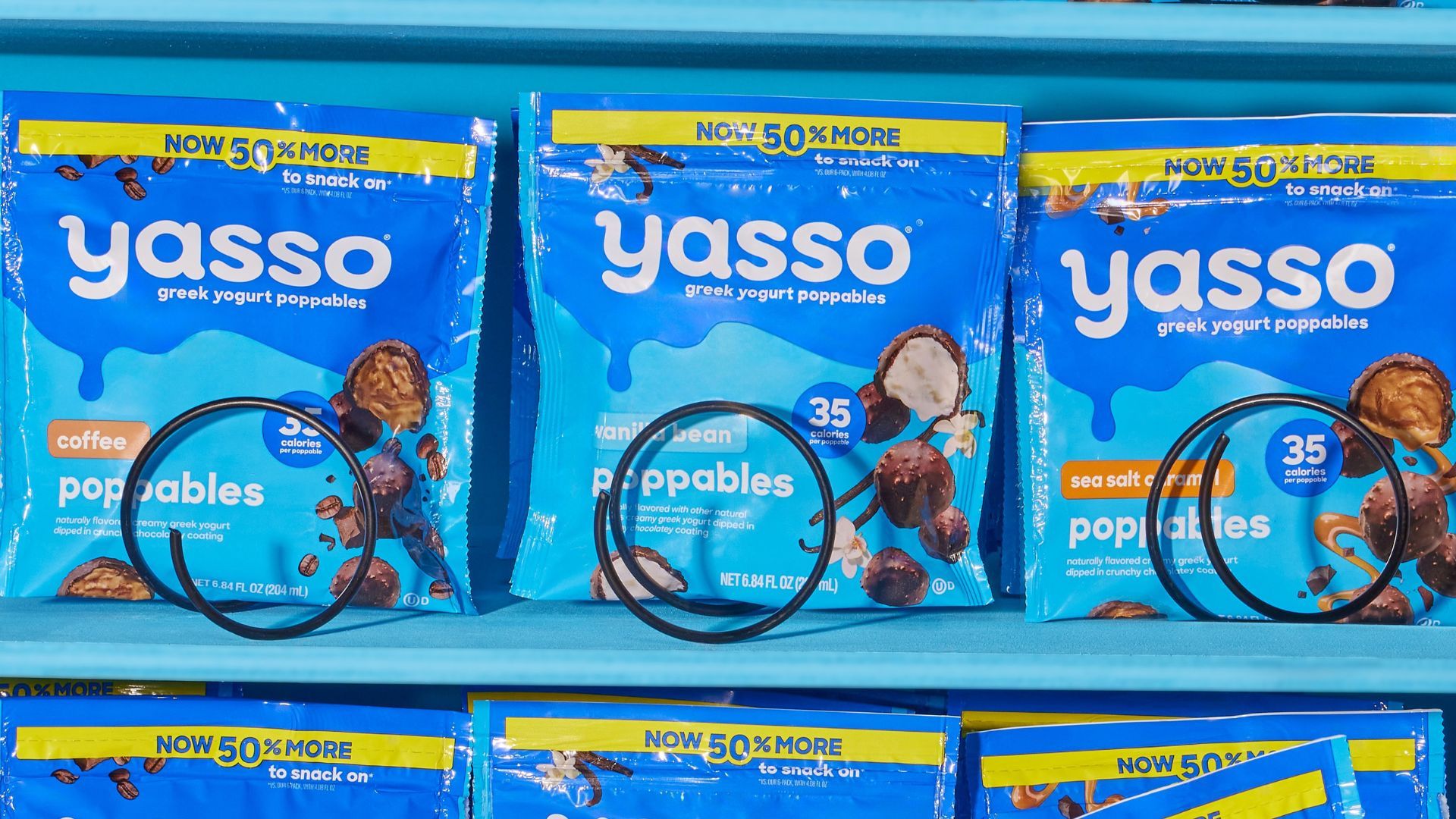 A row of US Greek yoghurt brand Yasso’s Poppables snack packs. Each piece is 35 calories.