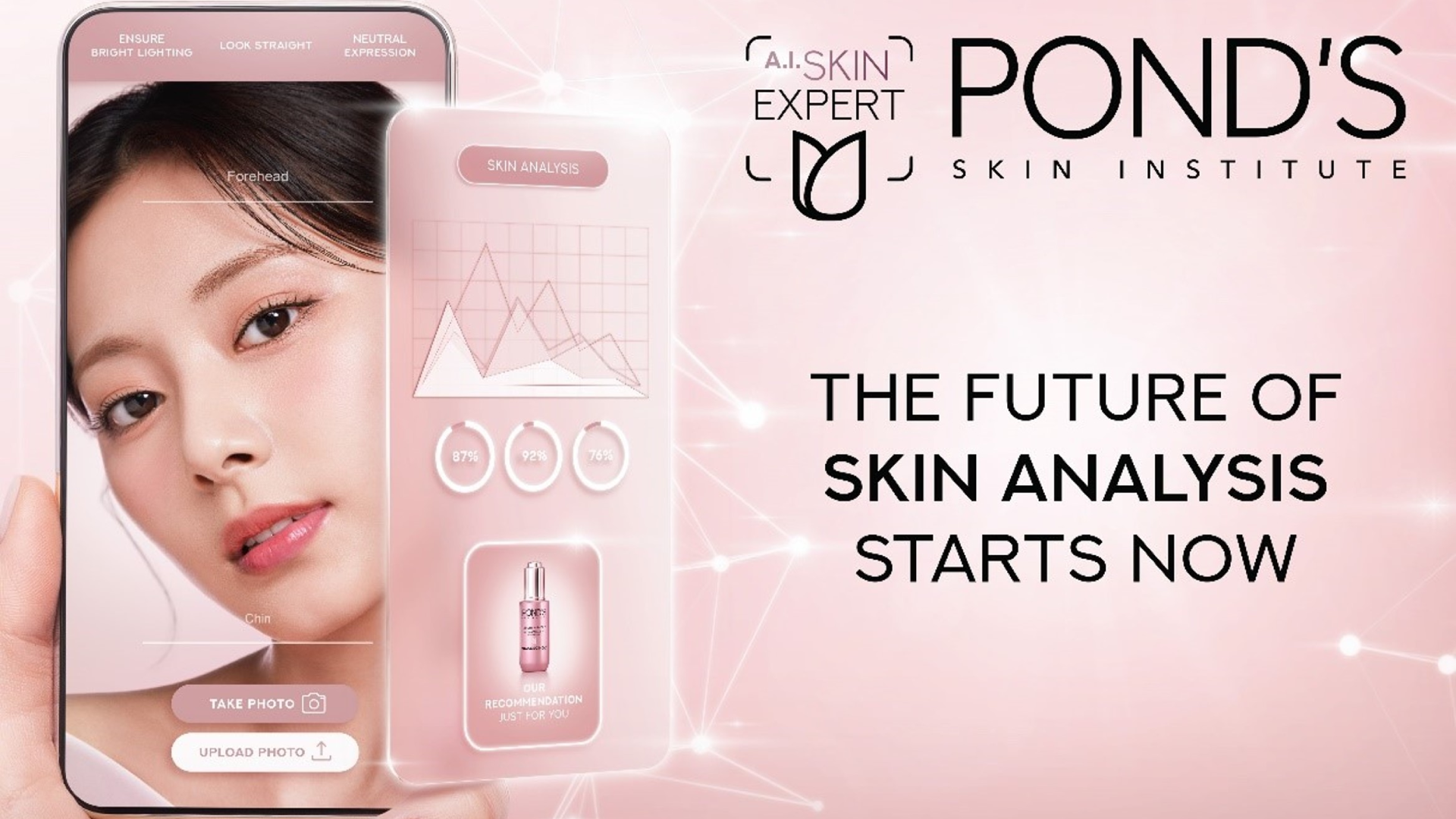 A graphic promoting POND’S SKIN INSTITUTE’s AI Skin Expert tool. Text reads: ‘The future of skin analysis starts now’