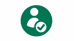 Green circular icon with a white silhouette of a person and a checkmark in a smaller overlapping circle, symbolizing user verification or account approval.