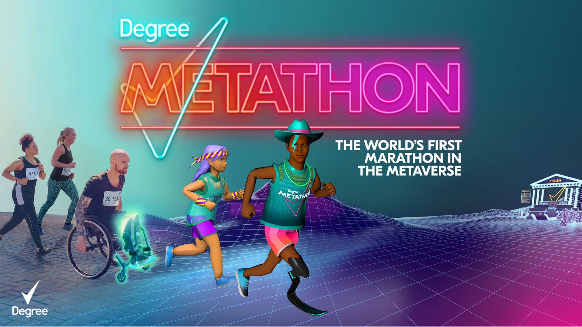 An image avatar athletes and human athletes running the Degree’s Metathon – the text reads ‘the world’s first marathon in the metaverse’