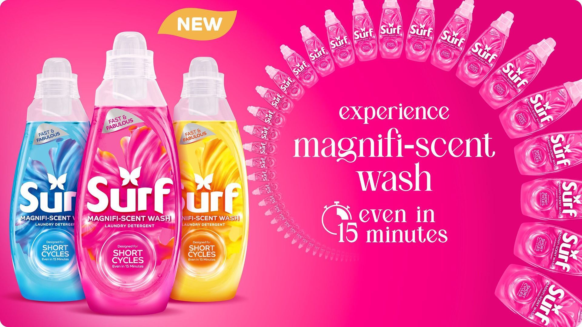 Three Surf Magnifi-scent wash bottles on the left and text that reads ‘experience magnifi-scent wash every 15 minutes' on the right. The text is wrapped around by Surf Magnifi-scent wash bottles and against a pink background.