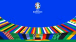 A graphic illustration of a UEFA stadium using geometric shapes in bright colours and patterns against a blue background.