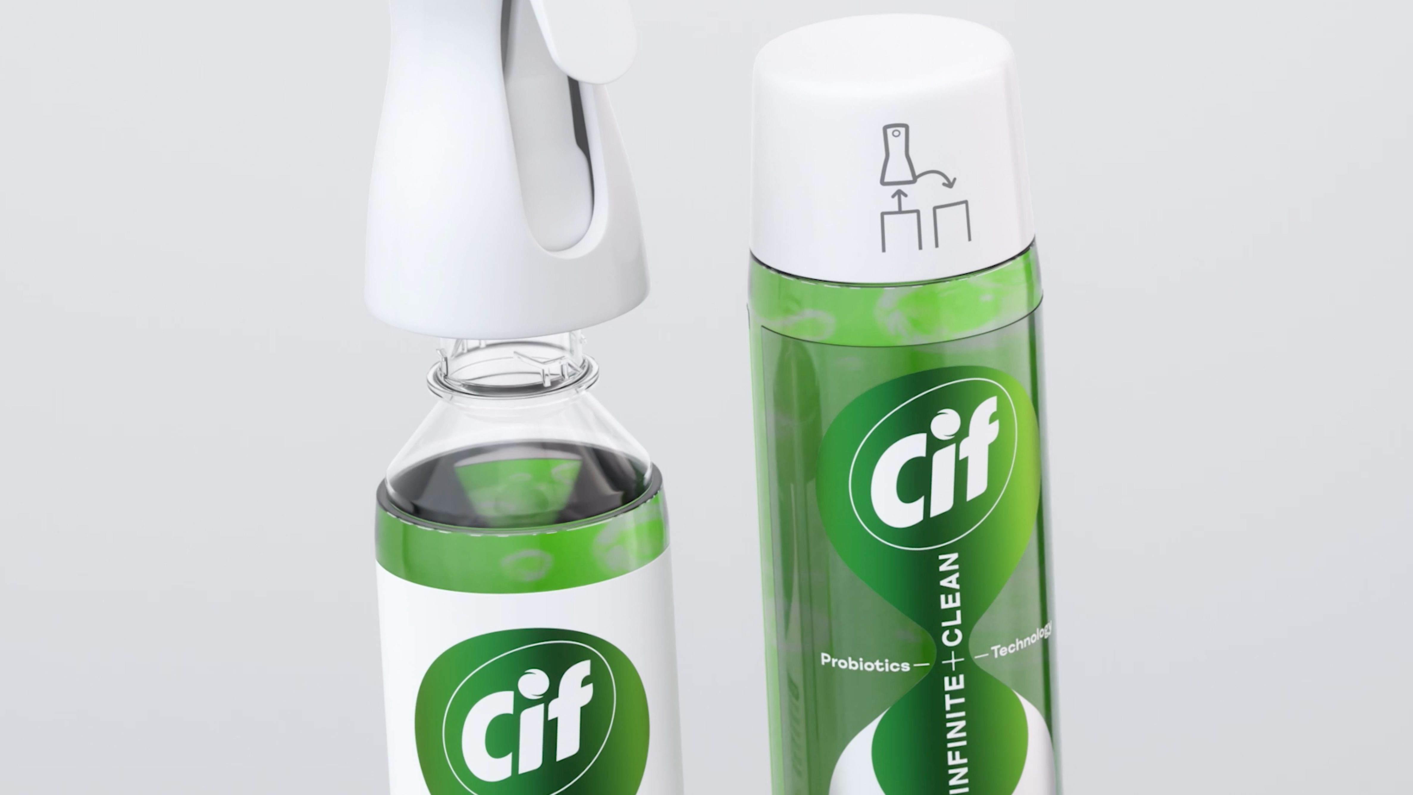 Two green and white Cif Infinite + Clean cleaning products, one with a spray nozzle and the other with a sealed cap, shown against a plain background.