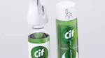Two green and white Cif Infinite + Clean cleaning products, one with a spray nozzle and the other with a sealed cap, shown against a plain background.