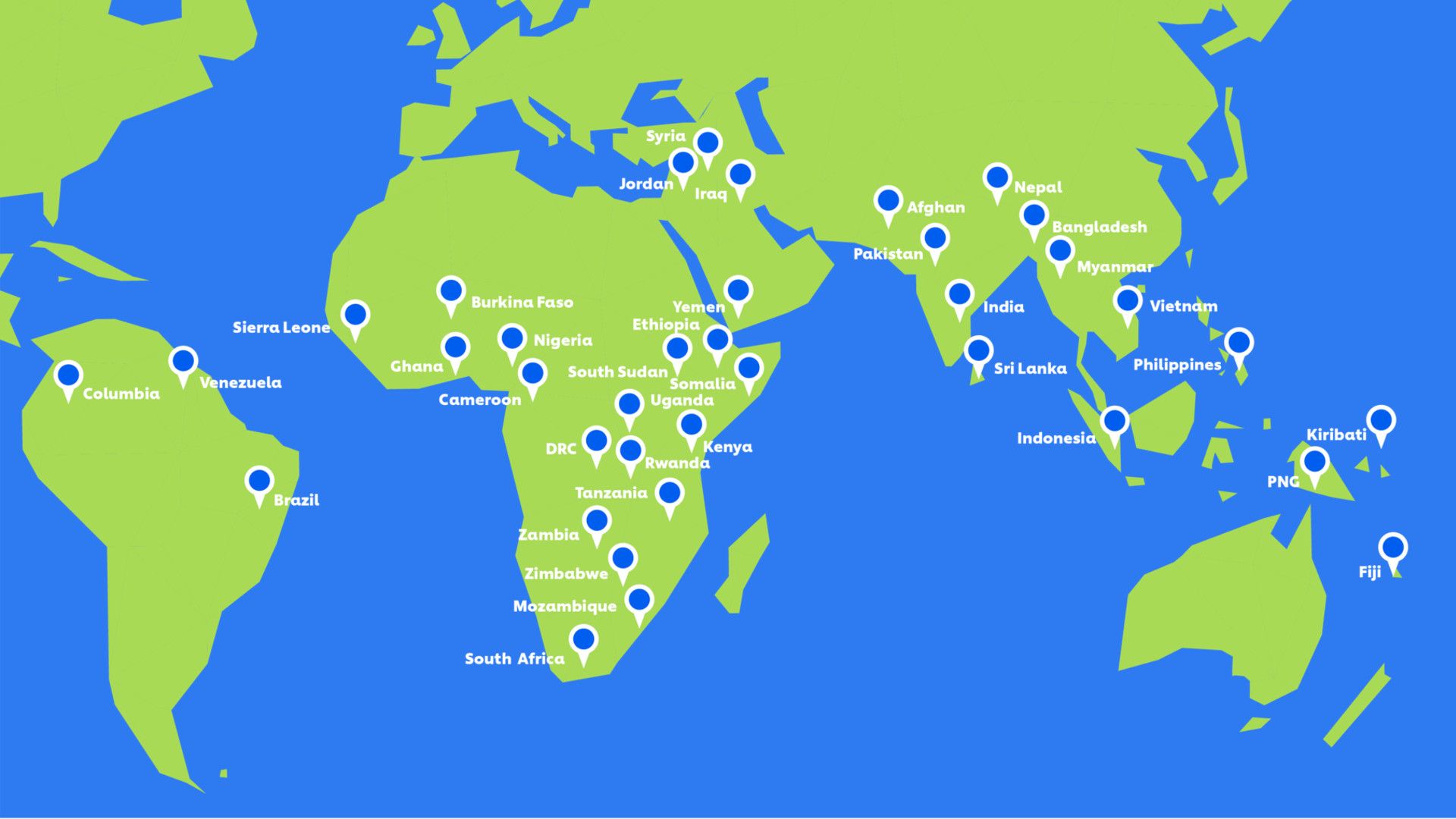 Map marking 37 countries where the Hygiene and Behaviour Change Coalition had projects between March 2020 and December 2021