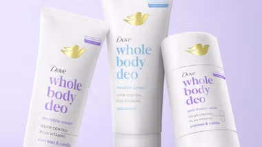 A photo of three Dove whole-body deodorants: one cream, one stick and one spray. Packaging is white with pastel lettering.