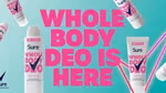 Several Sure Whole Body Deo products in random positions on a green background. The words “Whole body deo is here” together with the Sure logo and a large pink tick are shown on screen.