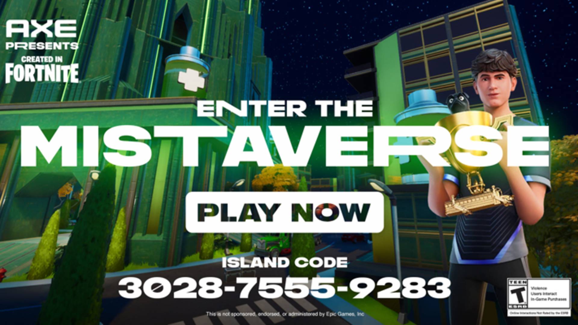 An image from Axe’s partnership with Fortnite. White text on a black background reads ‘Enter the Mistaverse’