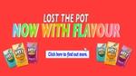 Landscape photo with red background showing three ‘Lost the Pot’ Noodles with strapline saying ‘No Longer Crap’