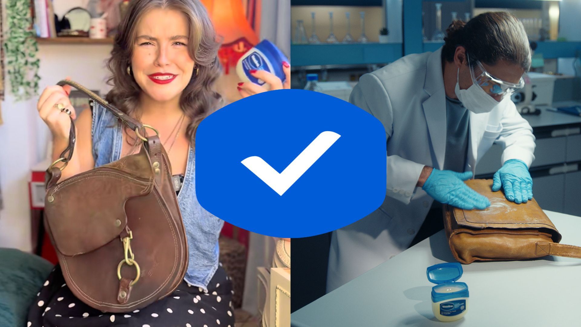 On the left a woman holds a leather handbag and a jar of Vaseline Jelly. In the right half of the pic, a scientist applies Vaseline to leather to help it shine.