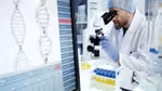 Scientist looking through microscope