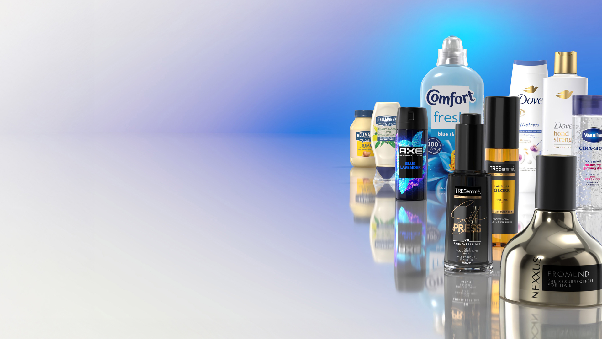 A range of Unilever products including Hellmann’s mayo, Comfort fabric conditioner, Dove shower gel and TREsemmé shampoo.