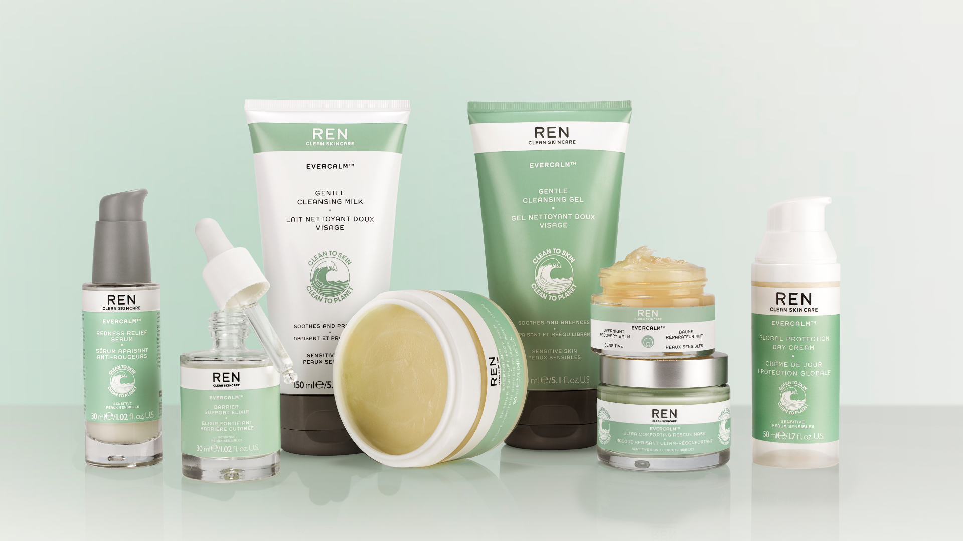A range of REN Evercalm white and sage green bottles, tubes and jars that include biotech alternative ingredients