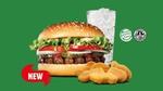 Burger King’s plant-based menu, including a Rebel Whopper burger, nuggets and a drink in a tall glass.