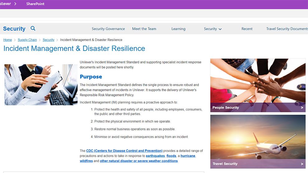 Screenshot of Incident Management and Disaster Resilience webpage of Inside Unilever
