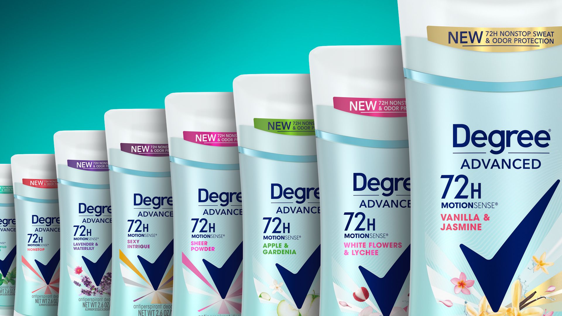 A line up of Degree 72hr bottles