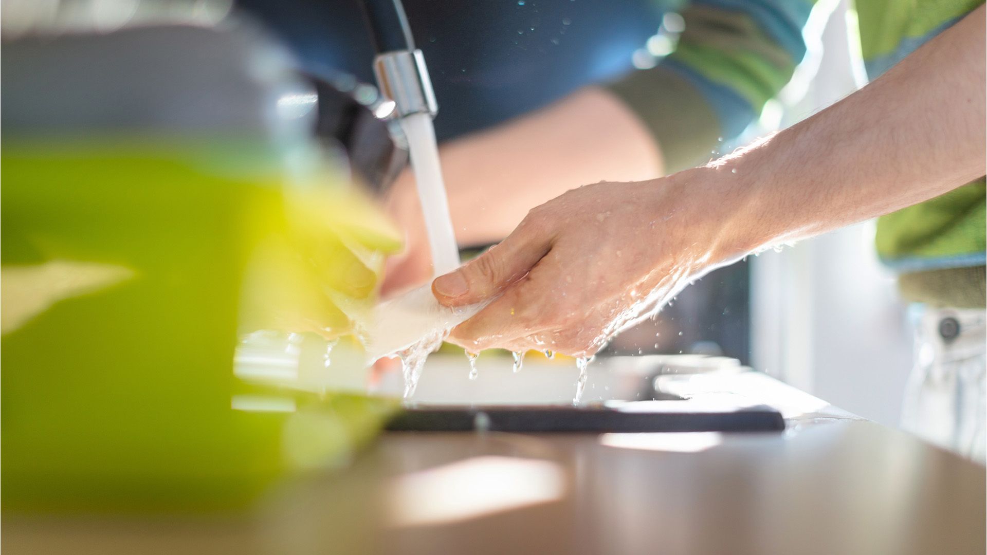 Close-up of man’s hands washing a dish in the sink under a running tap.