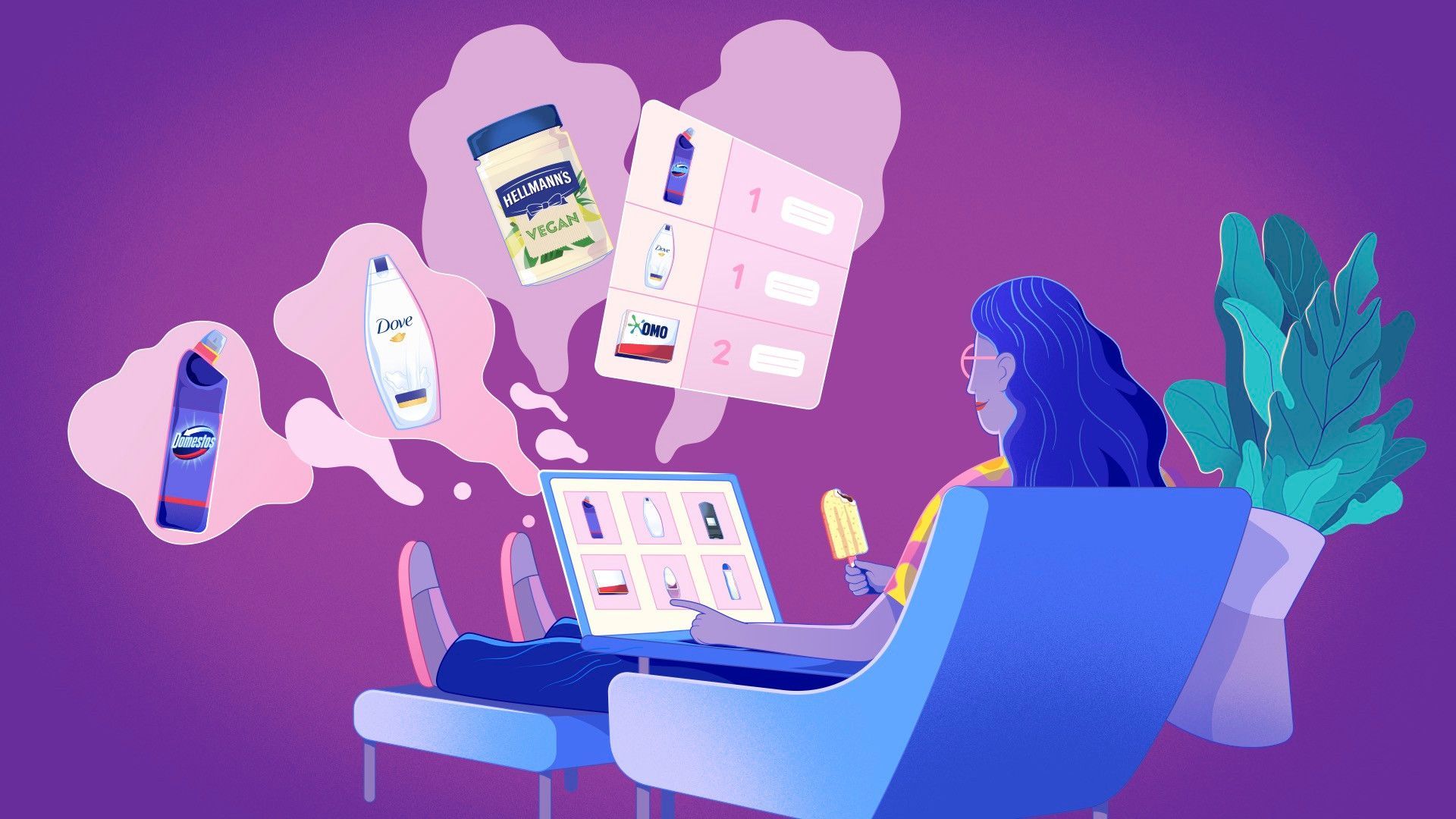 An illustration of a woman with blue hair eating an ice cream while looking at Unilever products on a laptop.