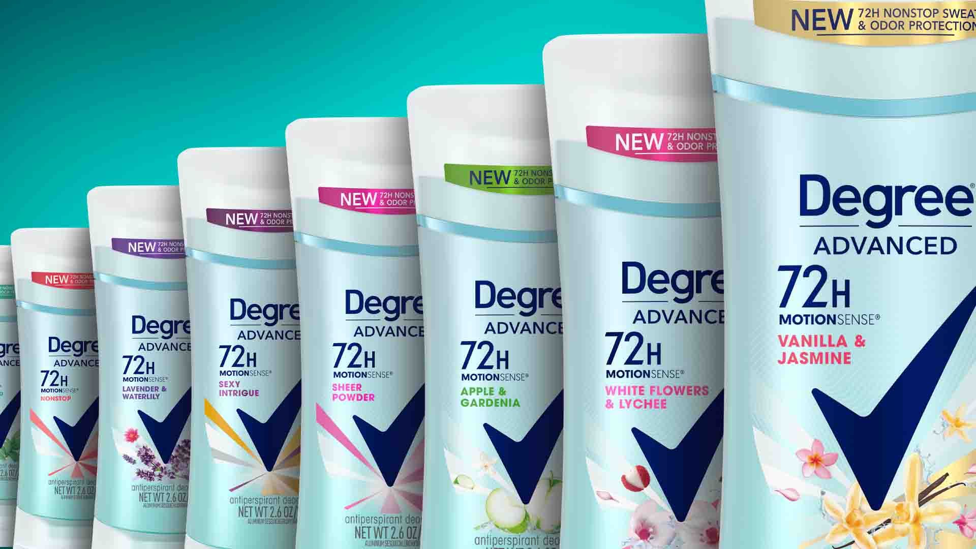 A line-up of Degree 72-hour deodorant cans.