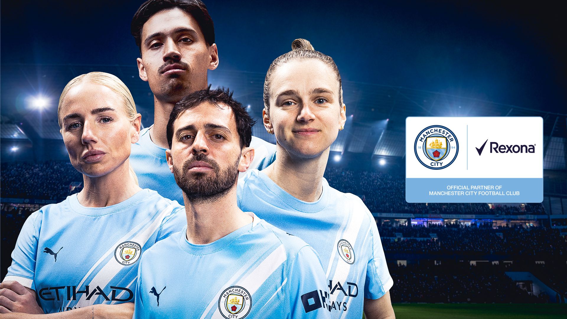 Four players from Manchester City FC, including Alex Greenwood and Bernardo Silva. Logos for Rexona and Manchester City FC also pictured.