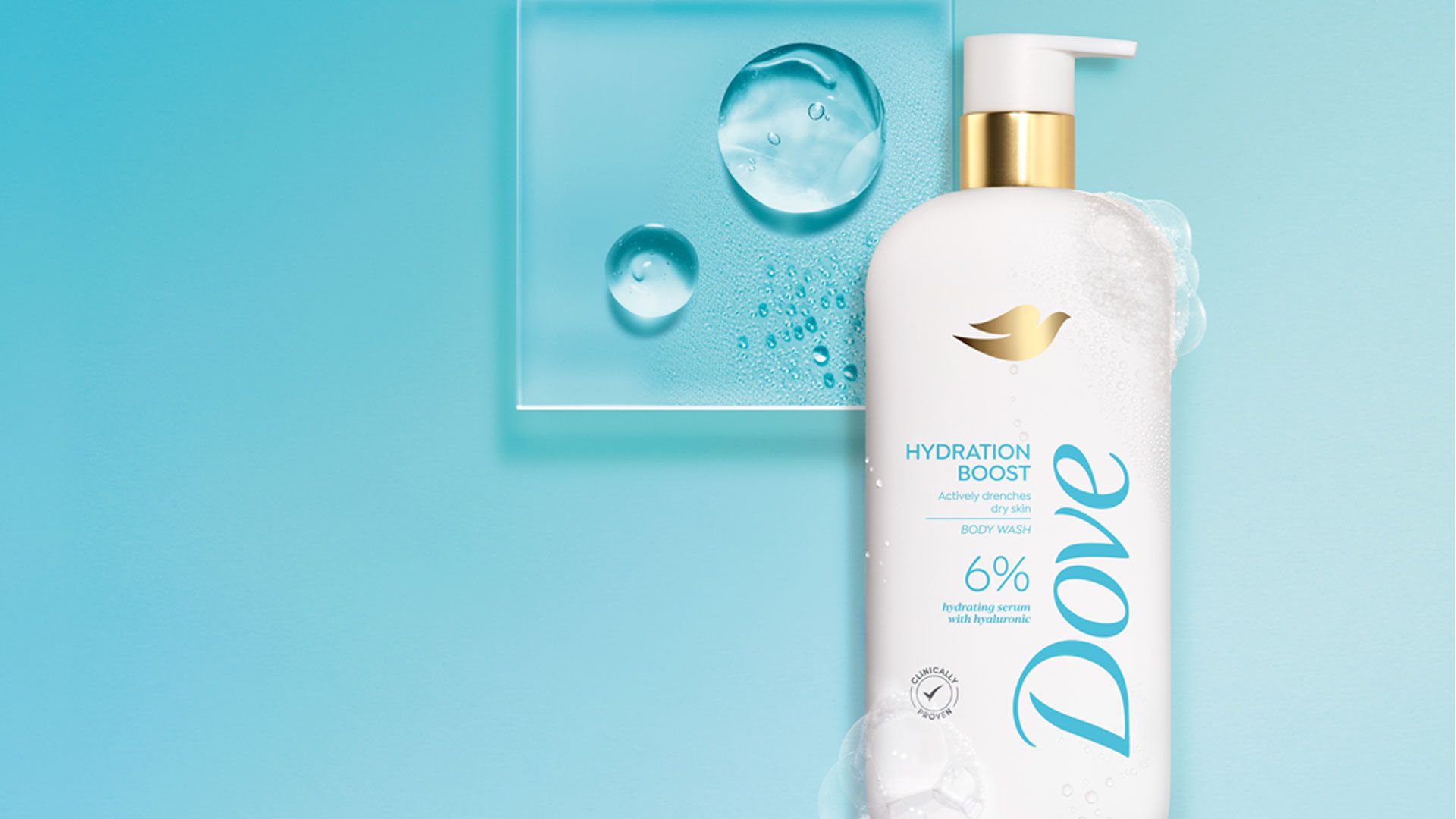 A white Dove Hydration Boost body wash bottle with gold accents and bubbles sits beside a glass square with water droplets on a blue gradient background.
