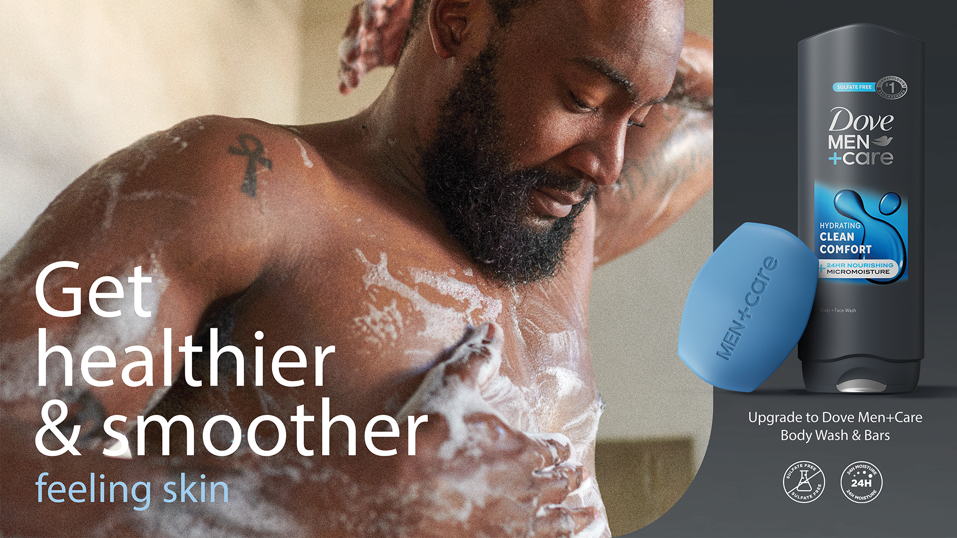 A man showering with Dove Men+Care product. The body wash and soap bar in this range are also shown on the right. The text reads: ‘Get healthier & smoother feeling skin’.