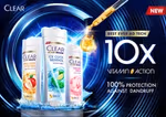 Advert for Clear shampoo featuring three product variants: Apple Cider Itch Free, Ice Cool Menthol and Sakura Fresh. The white bottles are displayed against a blue background with water splashes. The text on the right reads ‘best ever ad tech’ and ‘10x vitamin action’, along with the claim ‘100% protection against dandruff’, and a red ‘NEW’ label.