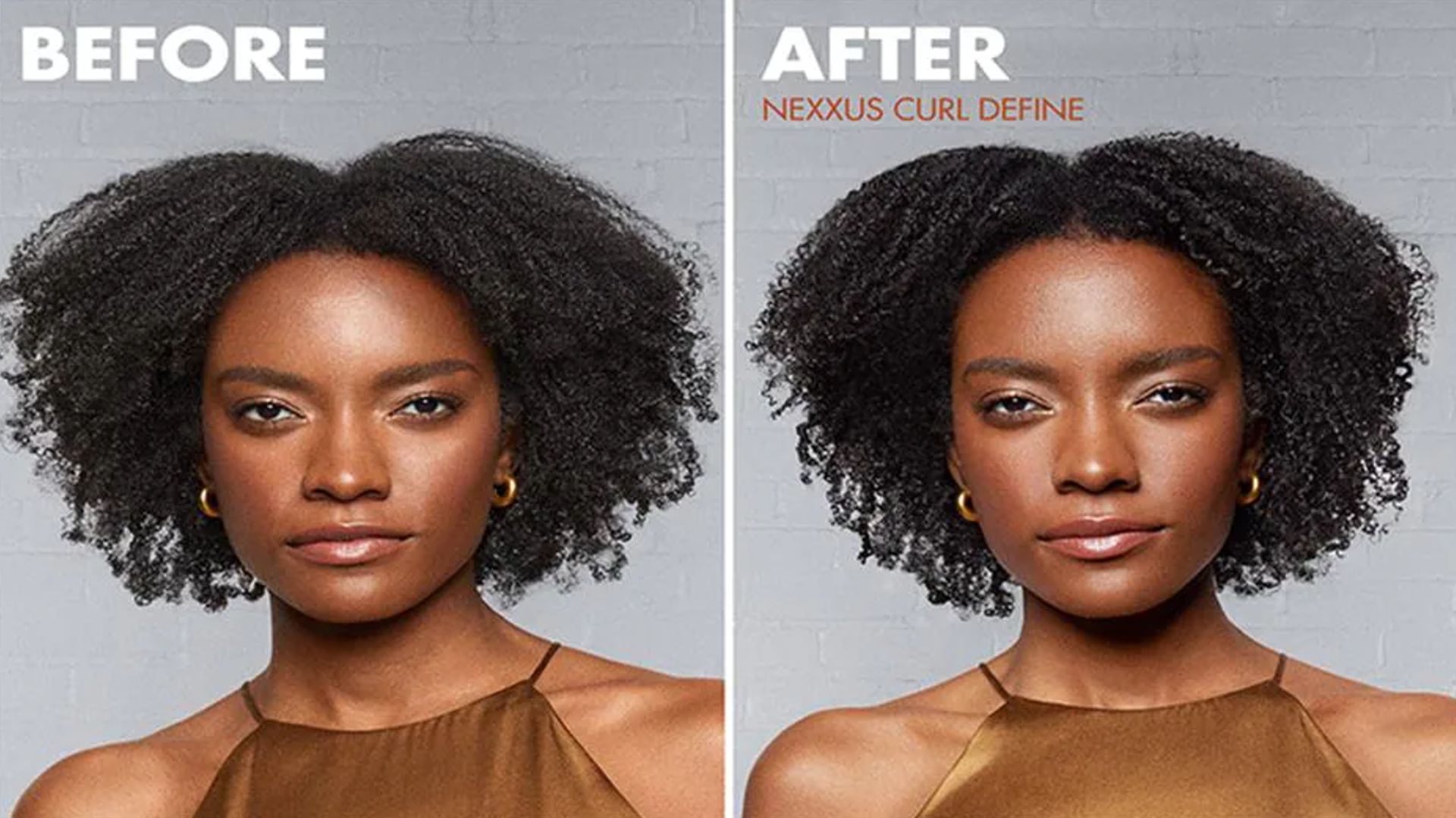 Two images of a women before and after using the Curl Define product range