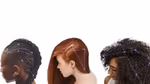Head shots of three women, a representation of AI analysing their hair style is overlayed, depicted as a purple line drawing.