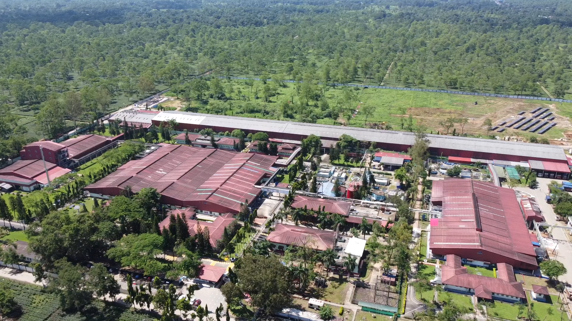 An aerial photo of Unilever’s Tinsukia factory in India, recognised by the World Economic Forum’s Lighthouse Network. The large rural building has a sustainable water collection pool and solar panels.   