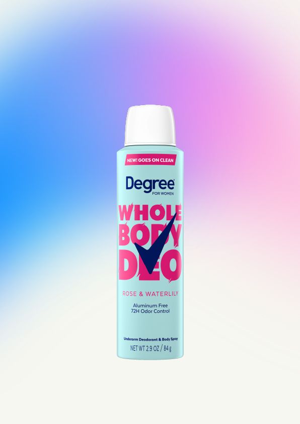 A can of Degree Whole Body Deo in the Rose & Waterlily variant, shown on a pink‑and‑blue gradient background.