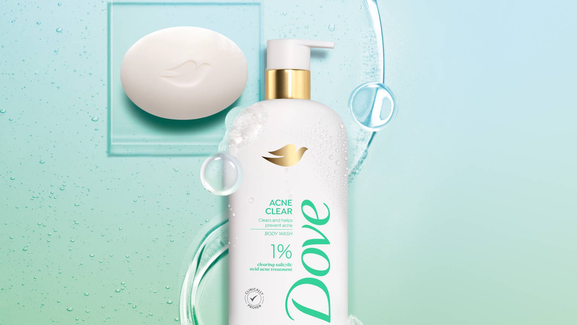 Bottle of Dove’s Acne Clear body wash, Dove’s first over-the counter-product to treat acne on the shoulders and back