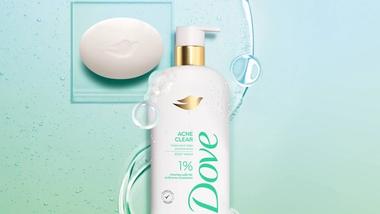 Bottle of Dove’s Acne Clear body wash, Dove’s first over-the counter-product to treat acne on the shoulders and back