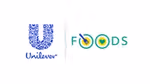 The image shows the Unilever logo on the left, which is a blue 'U' filled with various icons representing the company and its brands. Next to it, there is the word 'FOODS' written in green letters. The letter 'O' in 'FOODS' is stylised - the first as a plate with a fork inside it, and the second 'O' has a heart shape inside.