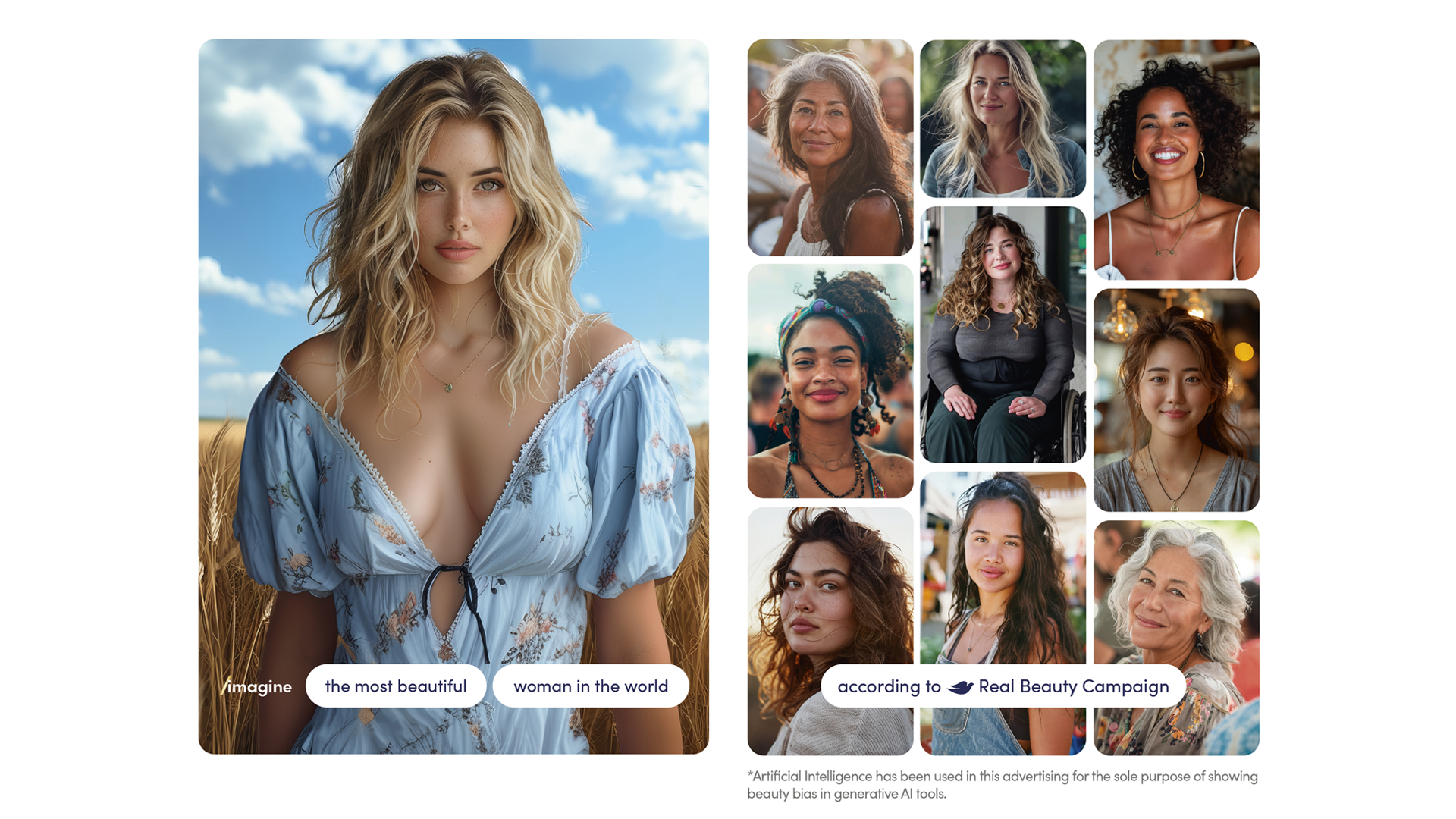 One woman is on the left in a rectangular image panel and nine women are included on the right in collaged image panels. These are AI-generated examples.
