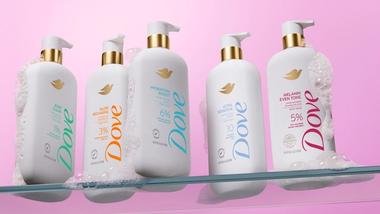 Five bottles of Dove’s premium body wash range infused with skincare serums.