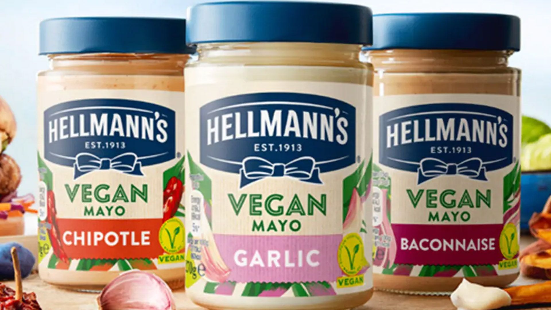 Three jars of Hellmann’s Vegan Mayo range – Chipotle, Garlic and Baconnaise.