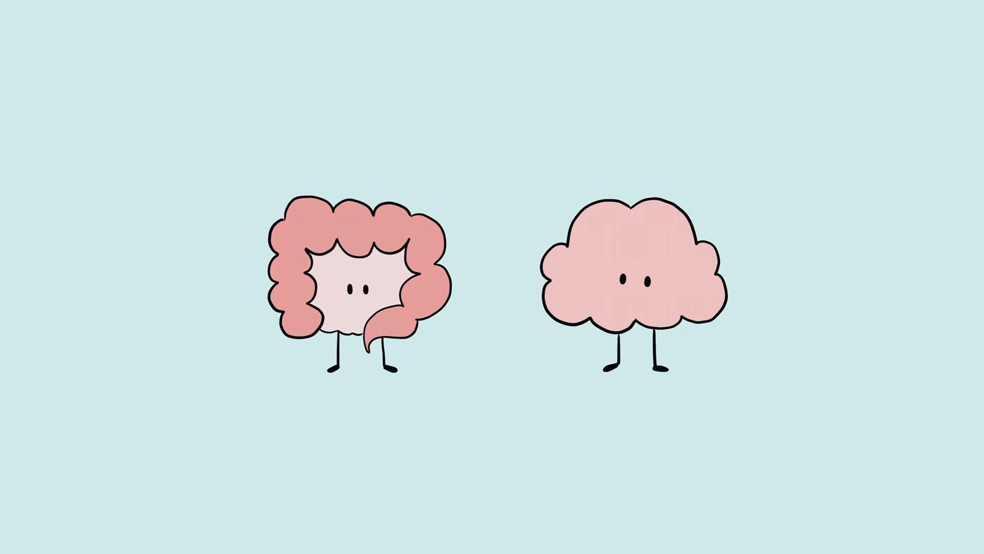 Cartoon loop of a brain and a gut with faces,mirroring each others expressions